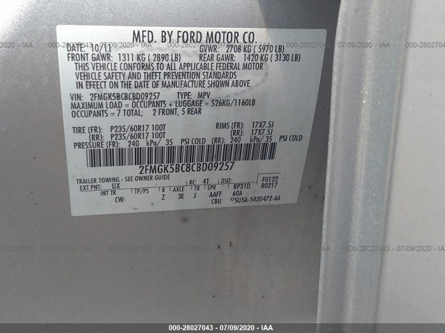 Photo 8 VIN: 2FMGK5BC8CBD09257 - FORD FLEX 