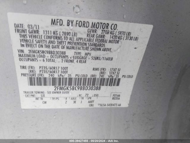 Photo 8 VIN: 2FMGK5BC9BBD30388 - FORD FLEX 