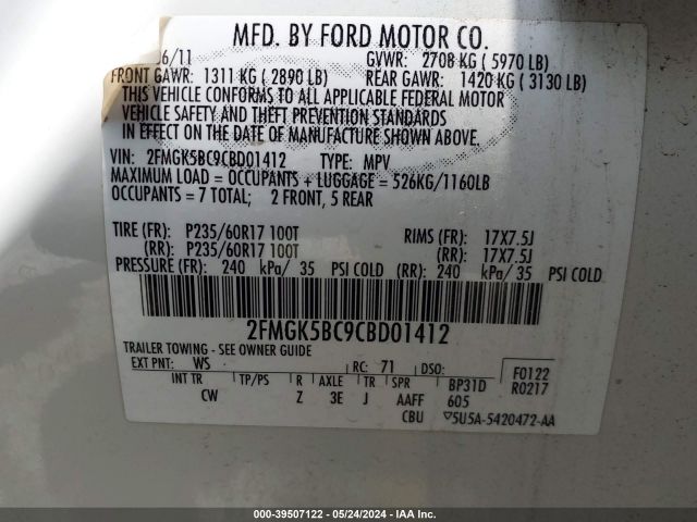 Photo 8 VIN: 2FMGK5BC9CBD01412 - FORD FLEX 