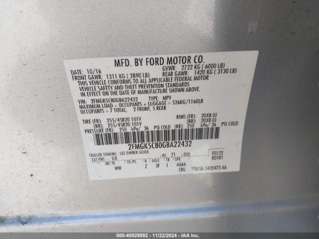 Photo 8 VIN: 2FMGK5C80GBA22432 - FORD FLEX 