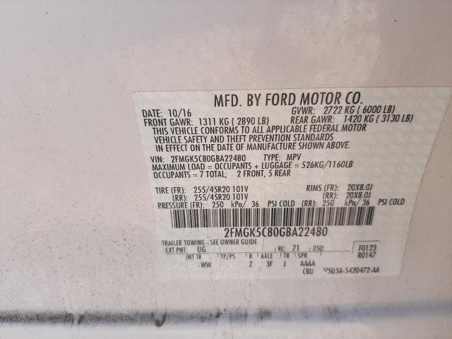 Photo 9 VIN: 2FMGK5C80GBA22480 - FORD FLEX SEL 