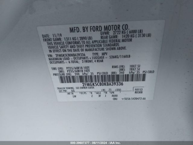 Photo 8 VIN: 2FMGK5C80KBA39336 - FORD FLEX 