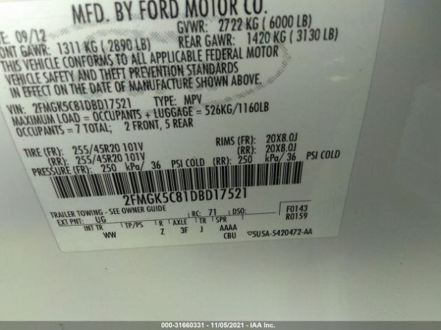 Photo 8 VIN: 2FMGK5C81DBD17521 - FORD FLEX 