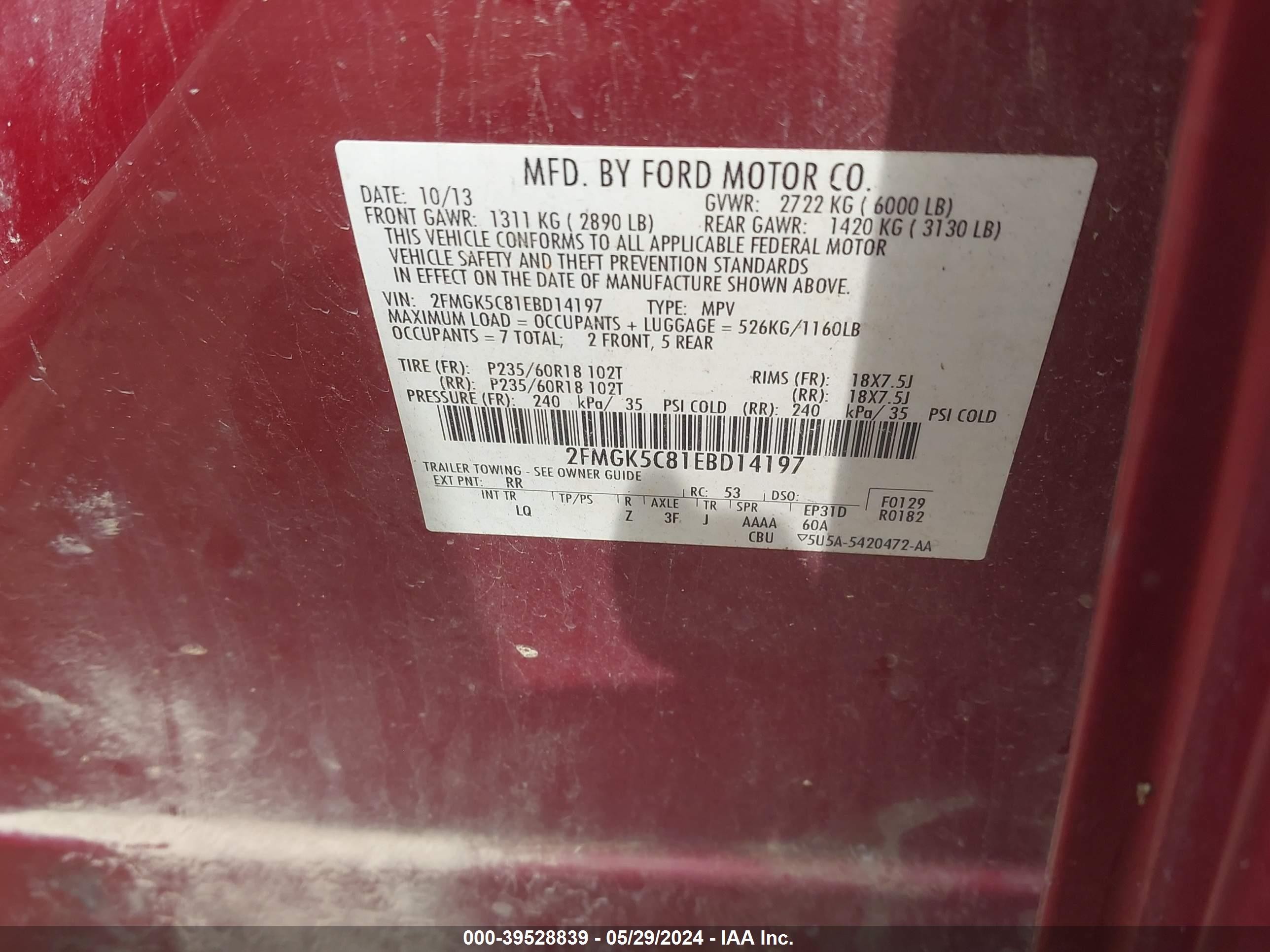 Photo 8 VIN: 2FMGK5C81EBD14197 - FORD FLEX 