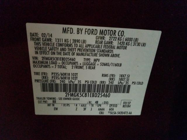 Photo 9 VIN: 2FMGK5C81EBD25460 - FORD FLEX SEL 