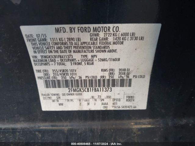 Photo 8 VIN: 2FMGK5C81FBA11373 - FORD FLEX 