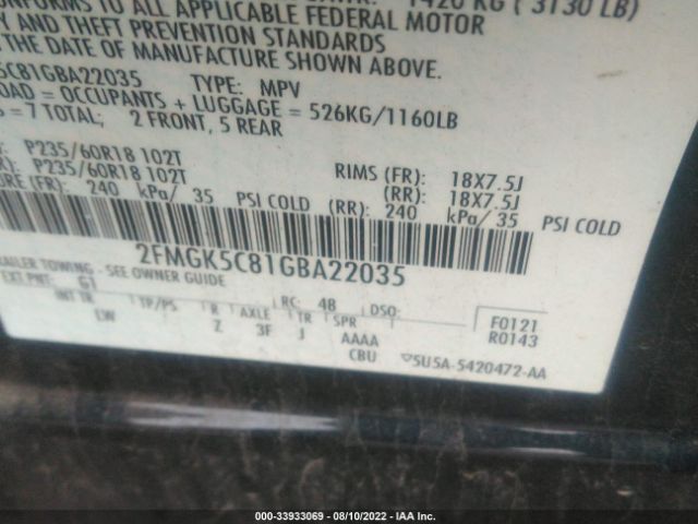 Photo 8 VIN: 2FMGK5C81GBA22035 - FORD FLEX 