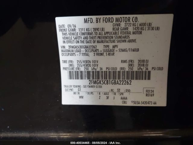 Photo 8 VIN: 2FMGK5C81GBA22262 - FORD FLEX 