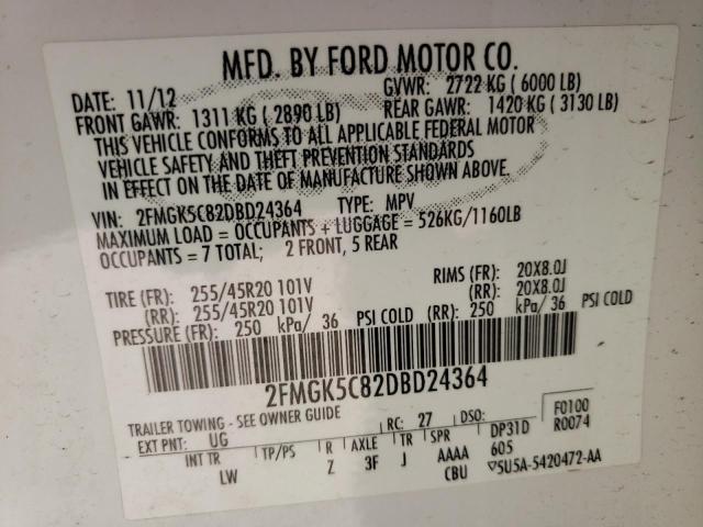 Photo 9 VIN: 2FMGK5C82DBD24364 - FORD FLEX SEL 