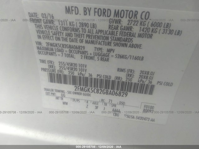 Photo 8 VIN: 2FMGK5C82GBA06829 - FORD FLEX 