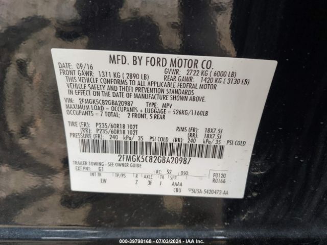 Photo 8 VIN: 2FMGK5C82GBA20987 - FORD FLEX 