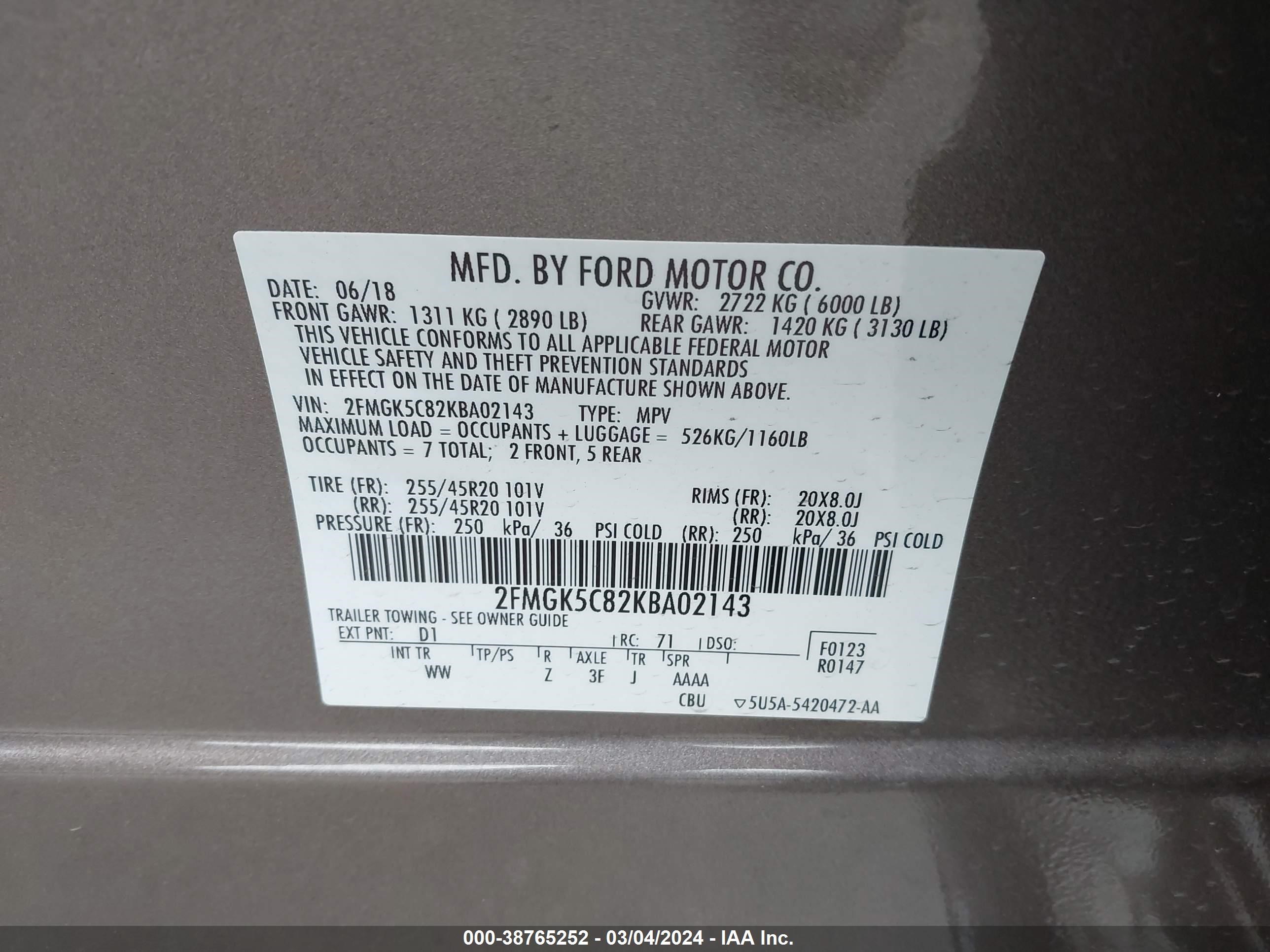 Photo 8 VIN: 2FMGK5C82KBA02143 - FORD FLEX 