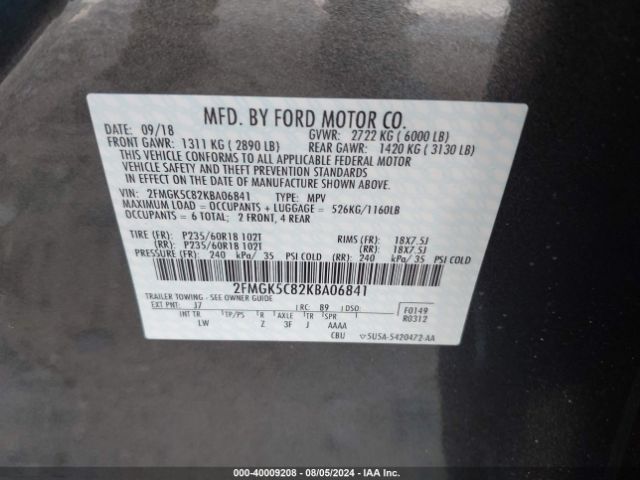 Photo 8 VIN: 2FMGK5C82KBA06841 - FORD FLEX 