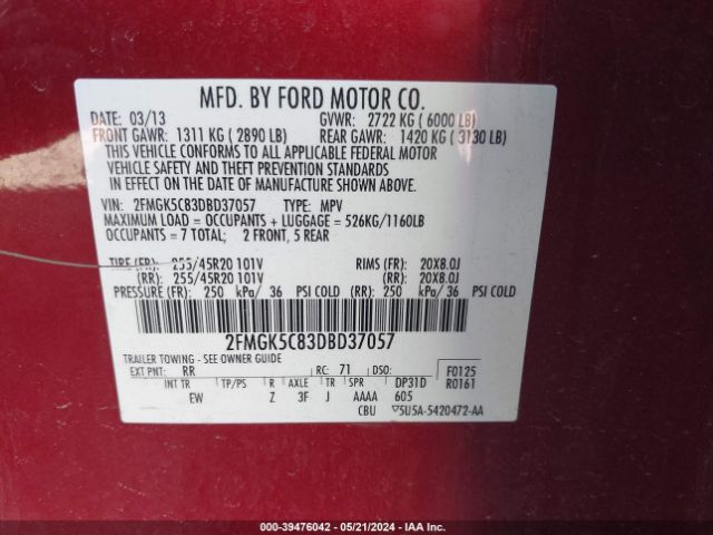 Photo 8 VIN: 2FMGK5C83DBD37057 - FORD FLEX 