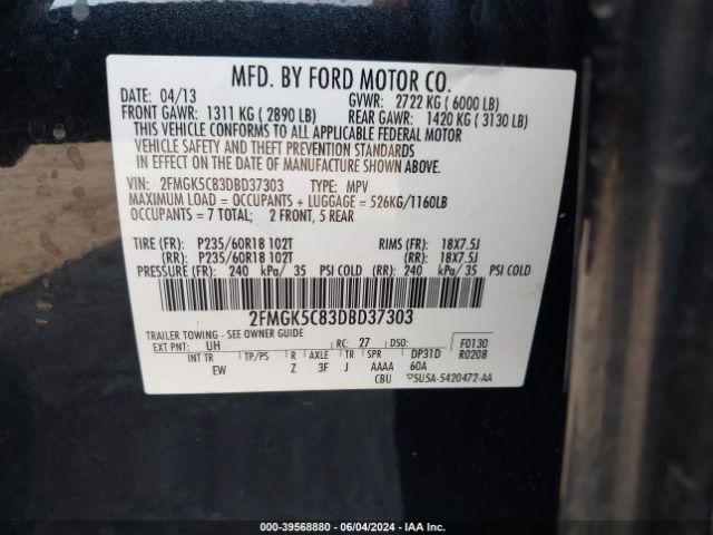 Photo 8 VIN: 2FMGK5C83DBD37303 - FORD FLEX 