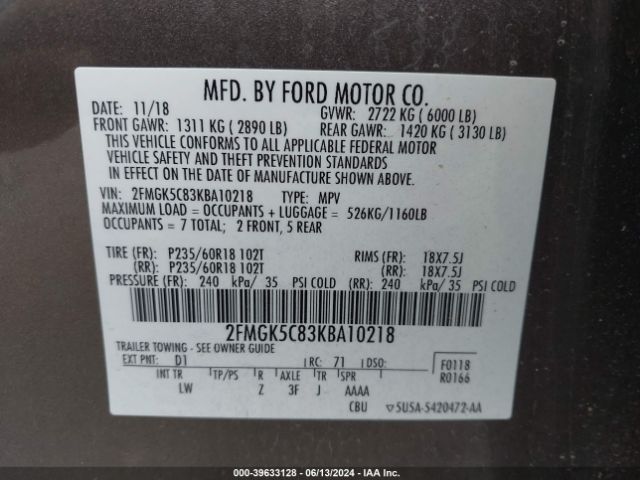 Photo 8 VIN: 2FMGK5C83KBA10218 - FORD FLEX 