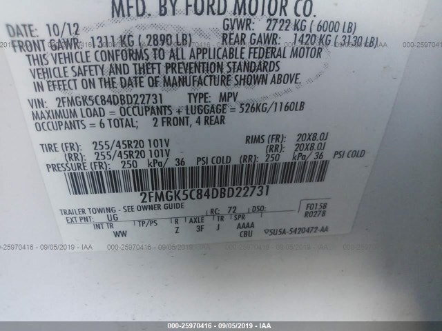 Photo 8 VIN: 2FMGK5C84DBD22731 - FORD FLEX 