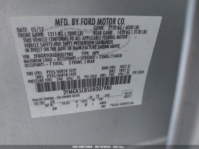 Photo 8 VIN: 2FMGK5C85DBD07980 - FORD FLEX 