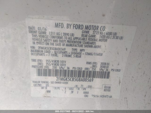 Photo 8 VIN: 2FMGK5C85GBA00569 - FORD FLEX 