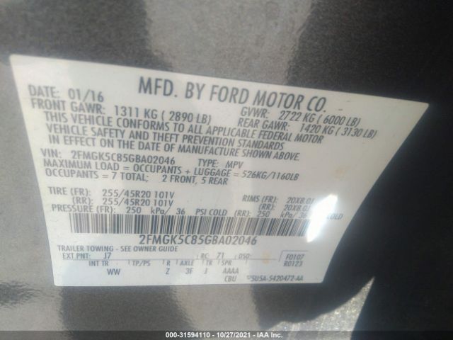 Photo 8 VIN: 2FMGK5C85GBA02046 - FORD FLEX 