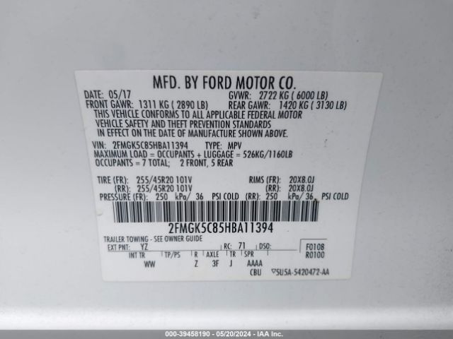 Photo 8 VIN: 2FMGK5C85HBA11394 - FORD FLEX 