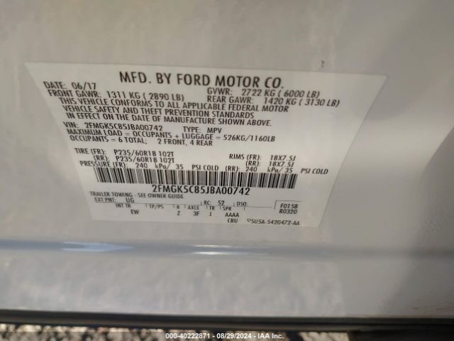 Photo 8 VIN: 2FMGK5C85JBA00742 - FORD FLEX 