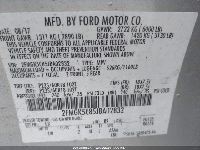 Photo 8 VIN: 2FMGK5C85JBA02832 - FORD FLEX 