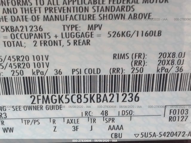 Photo 8 VIN: 2FMGK5C85KBA21236 - FORD FLEX 