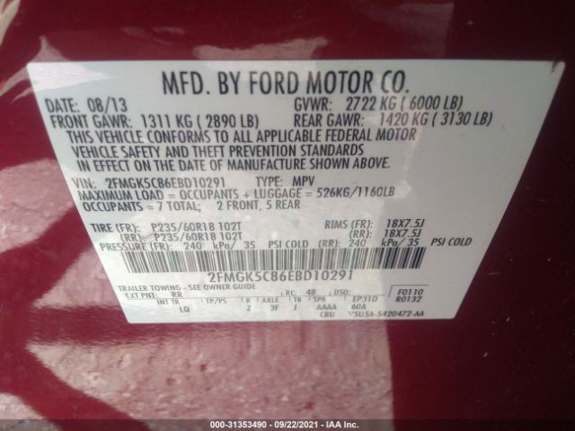 Photo 8 VIN: 2FMGK5C86EBD10291 - FORD FLEX 