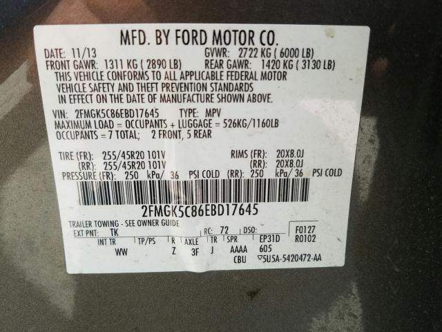 Photo 9 VIN: 2FMGK5C86EBD17645 - FORD FLEX SEL 