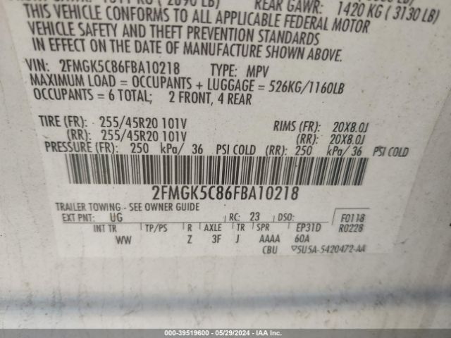 Photo 8 VIN: 2FMGK5C86FBA10218 - FORD FLEX 