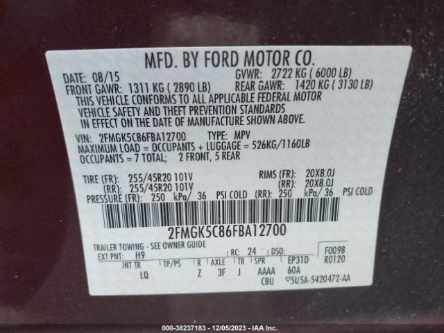 Photo 8 VIN: 2FMGK5C86FBA12700 - FORD FLEX 