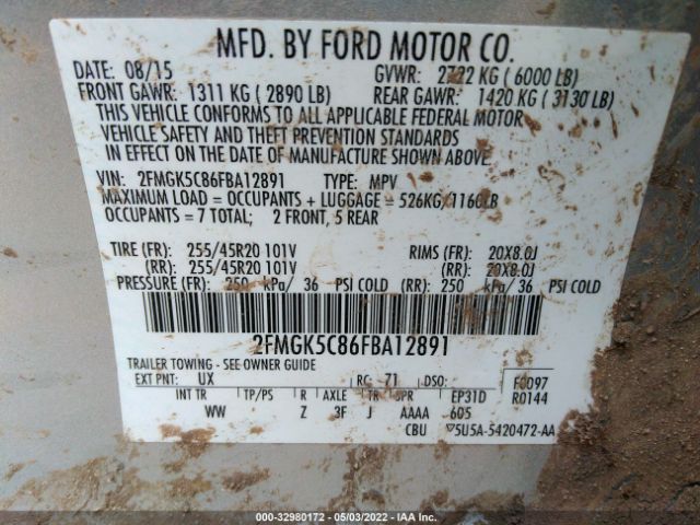 Photo 8 VIN: 2FMGK5C86FBA12891 - FORD FLEX 