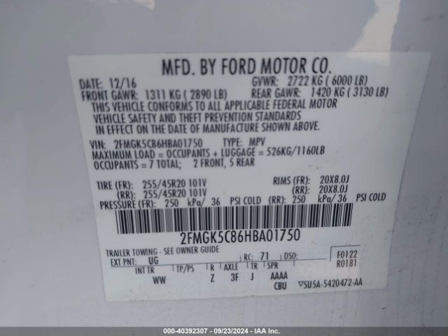 Photo 8 VIN: 2FMGK5C86HBA01750 - FORD FLEX 