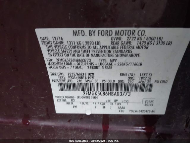 Photo 8 VIN: 2FMGK5C86HBA03773 - FORD FLEX 