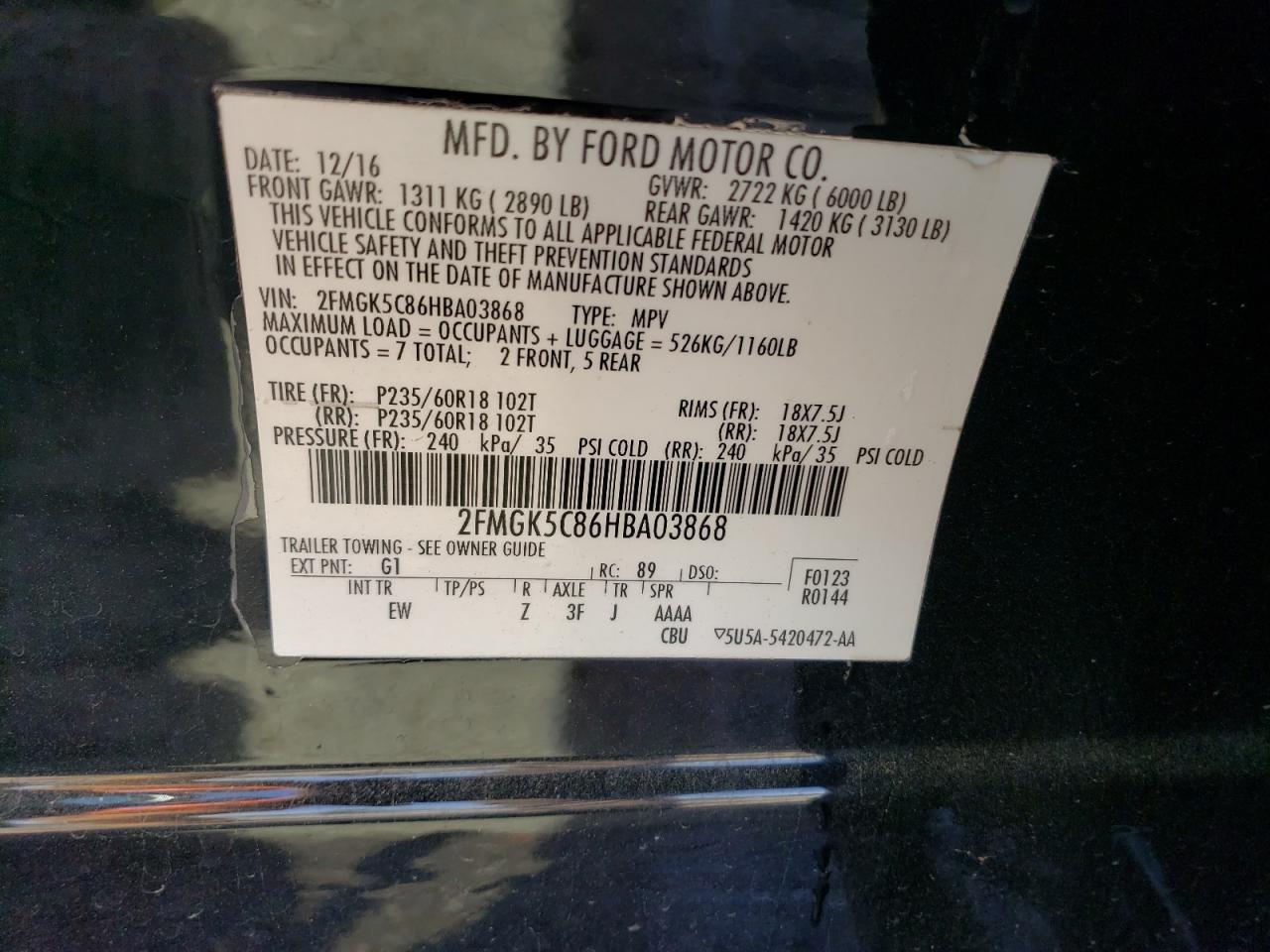 Photo 11 VIN: 2FMGK5C86HBA03868 - FORD FLEX 