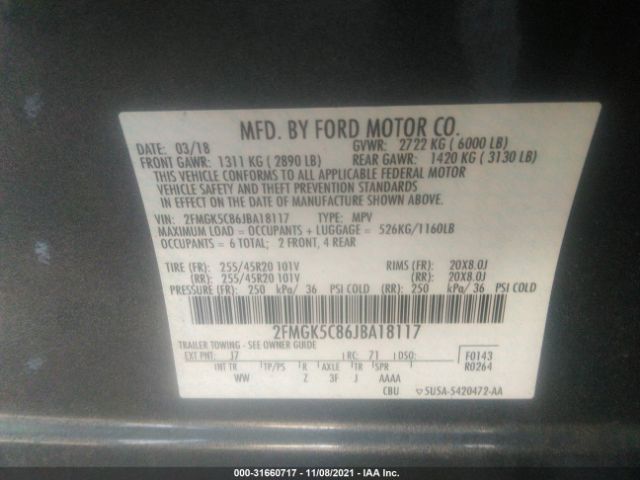 Photo 8 VIN: 2FMGK5C86JBA18117 - FORD FLEX 