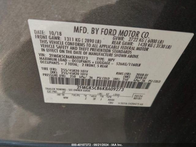 Photo 8 VIN: 2FMGK5C86KBA09273 - FORD FLEX 