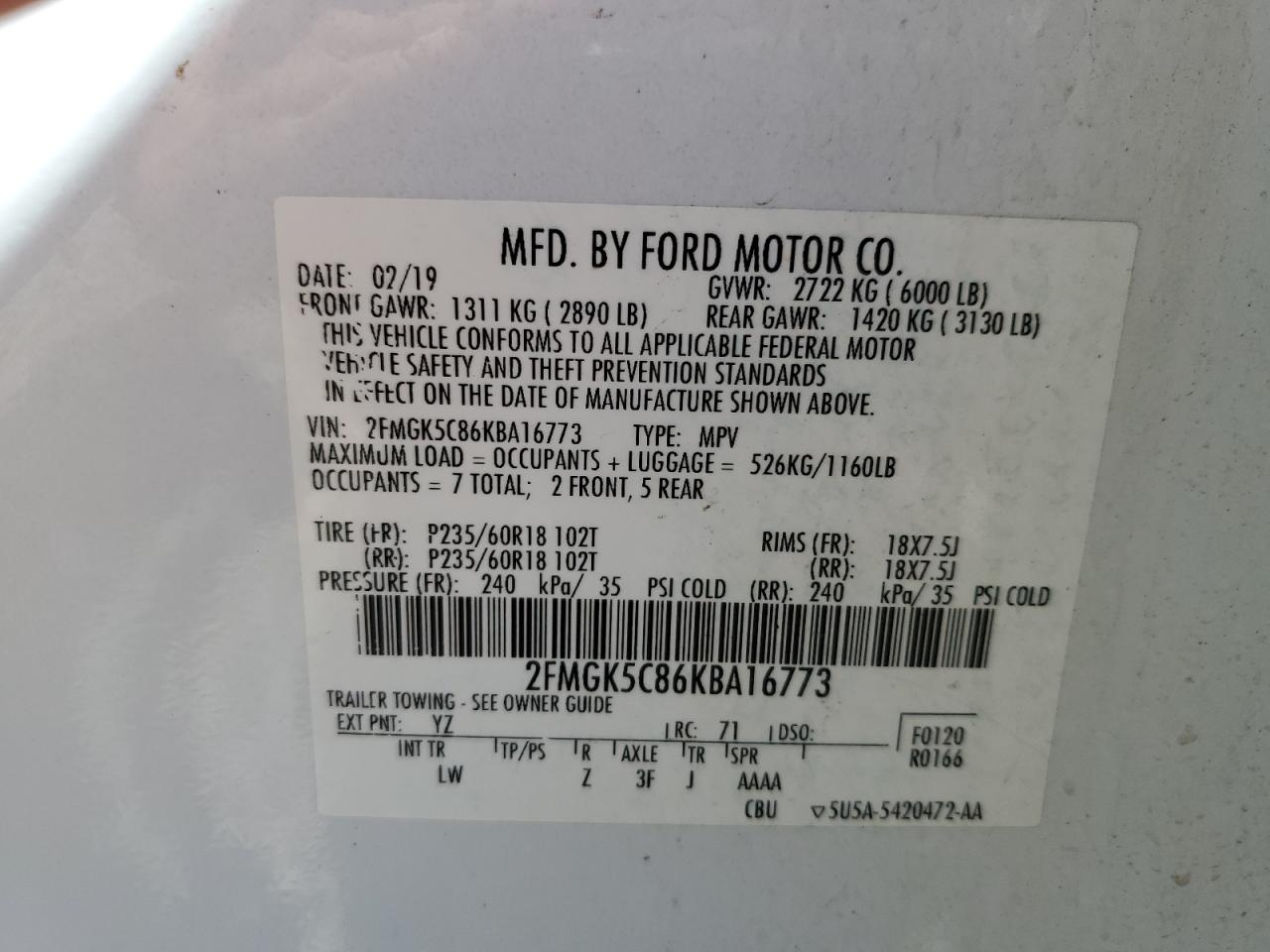 Photo 12 VIN: 2FMGK5C86KBA16773 - FORD FLEX 