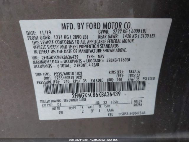 Photo 8 VIN: 2FMGK5C86KBA36439 - FORD FLEX 