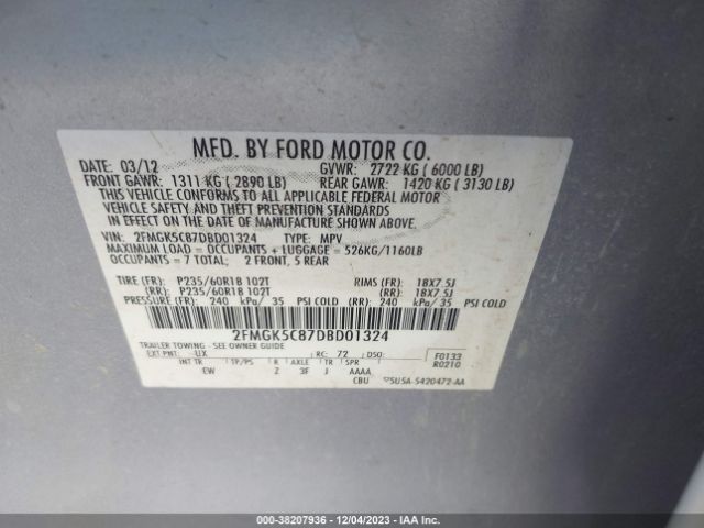 Photo 8 VIN: 2FMGK5C87DBD01324 - FORD FLEX 