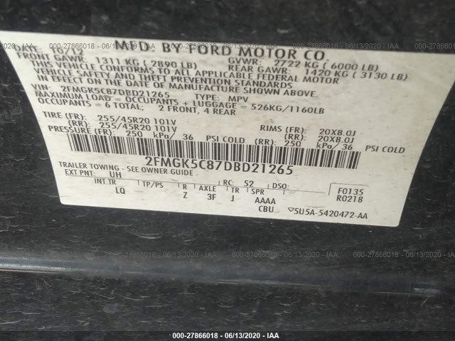 Photo 8 VIN: 2FMGK5C87DBD21265 - FORD FLEX 