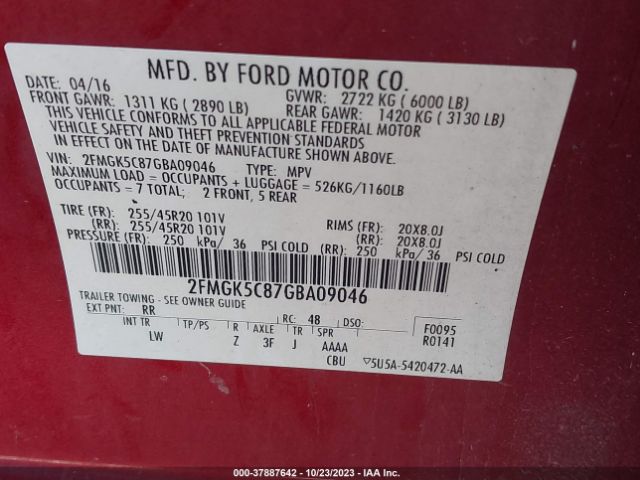 Photo 8 VIN: 2FMGK5C87GBA09046 - FORD FLEX 