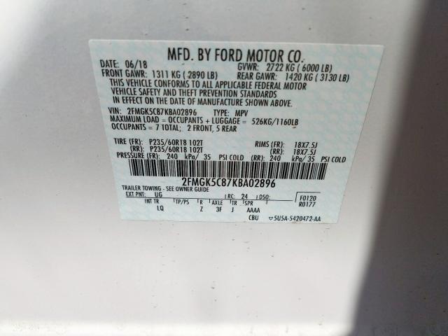 Photo 9 VIN: 2FMGK5C87KBA02896 - FORD FLEX SEL 