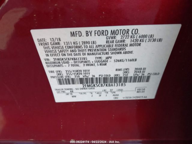 Photo 8 VIN: 2FMGK5C87KBA13185 - FORD FLEX 