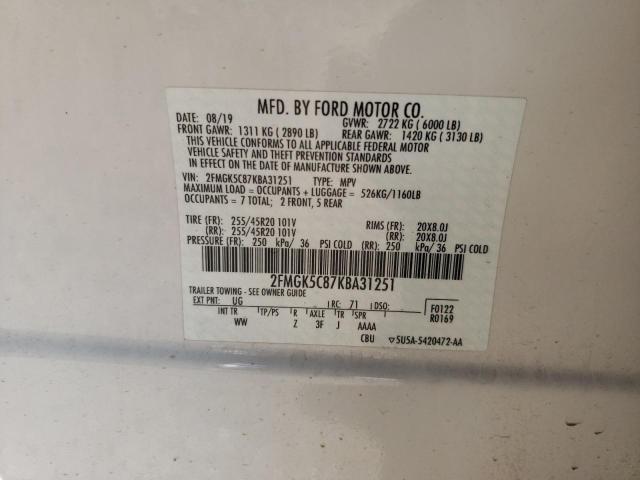 Photo 9 VIN: 2FMGK5C87KBA31251 - FORD FLEX SEL 