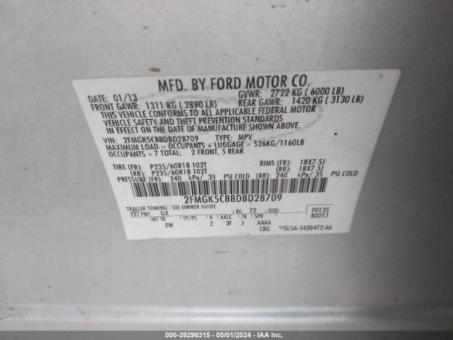 Photo 8 VIN: 2FMGK5C88DBD28709 - FORD FLEX 