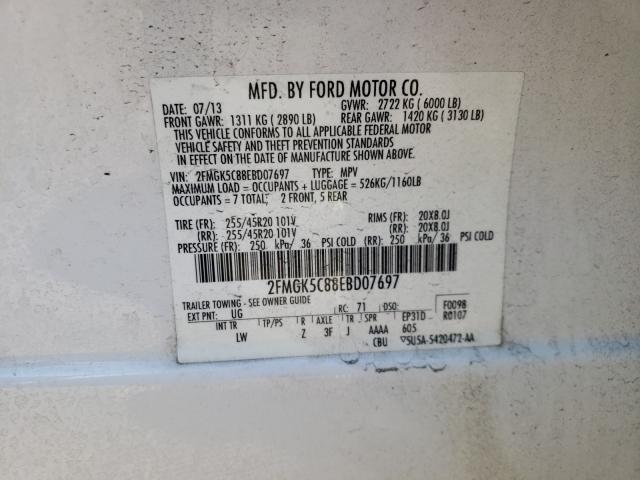 Photo 9 VIN: 2FMGK5C88EBD07697 - FORD FLEX SEL 