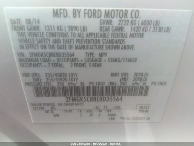 Photo 8 VIN: 2FMGK5C88EBD35564 - FORD FLEX 