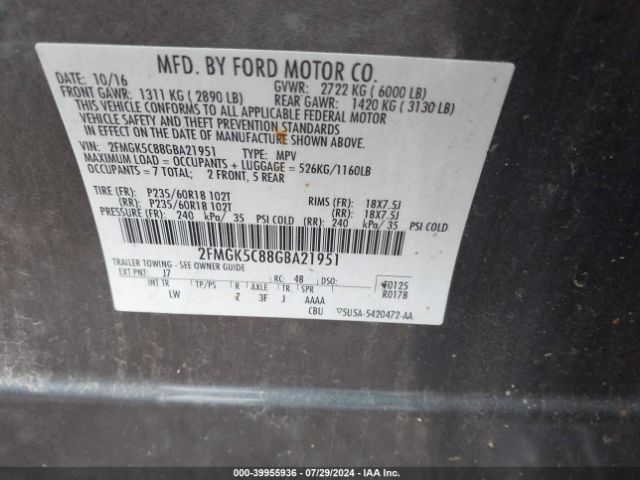 Photo 8 VIN: 2FMGK5C88GBA21951 - FORD FLEX 